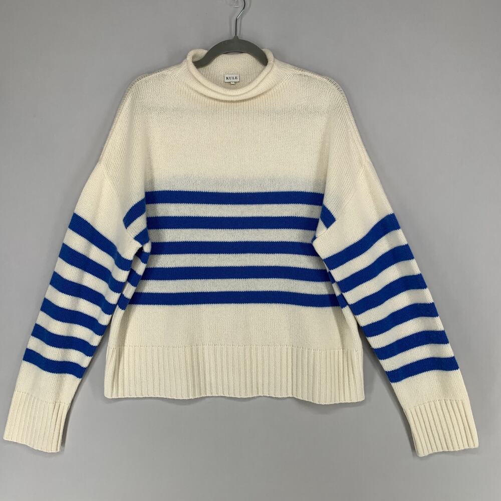 KULE Cream and Blue Striped Cashmere-blend Turtleneck Sweater. Sz L - Picture 5 of 16